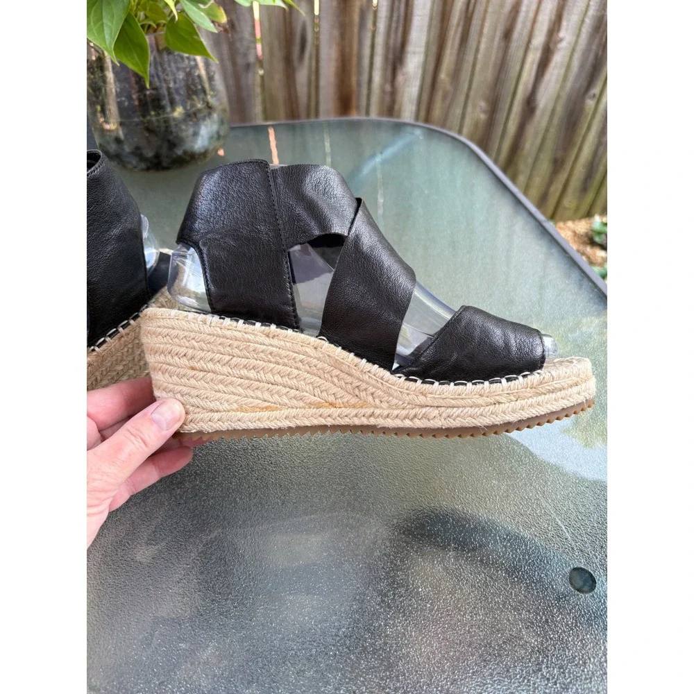 Eileen Fisher Womens Black Leather Espadrille Wedge Sandals 8.5 EF-WILLOW-LEA